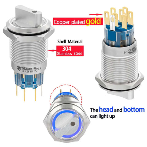 Three Position 19mm Rotary Switch With Blue LED Indicator For 12V 24V DC Or AC, UL Certified, Stainless Steel 304, DPDT 8Pin