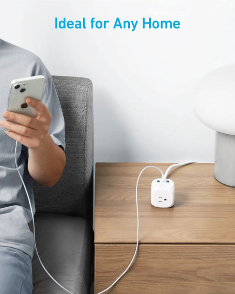 Power Strip With 20W USB C PD 3 Outlets And USB A Ports 10 Ft Extension Cord on bedside table for home use
