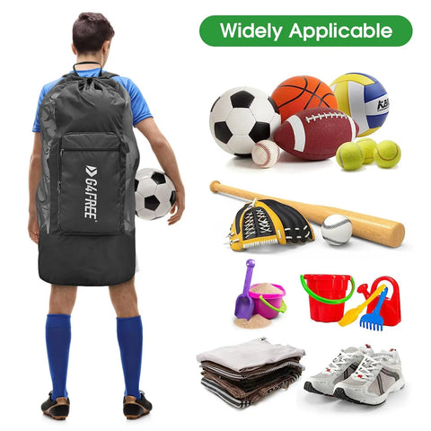 Person carrying Extra Large Mesh Ball Bag For Soccer, Basketball, Volleyball, Football And More, with sports gear displayed.