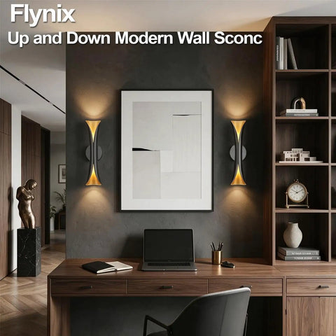 Flynix LED Indoor Wall Sconces, 5 Color Temps Dimmable Hardwired Wall Light in modern office setting with artwork.