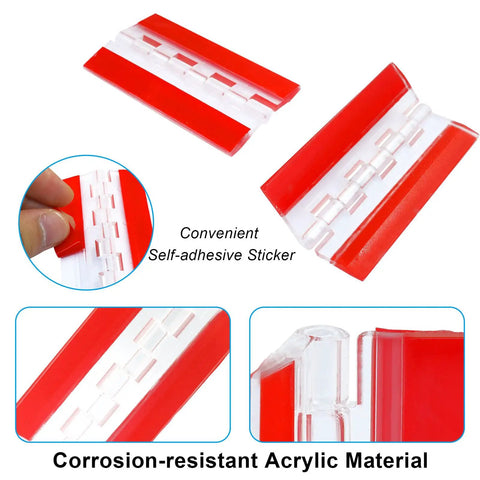 Four Pieces 75 By 45 Millimeter Clear Acrylic Hinges For Invisible Self Adhesive Hinge Kit shown with red adhesive, close-up view
