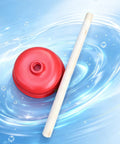 Rock Solid Heavy Duty Rubber Cup Toilet Plunger With Reinforced Wooden Handle on a blue background for clearing clogs.