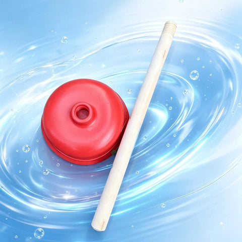 Rock Solid Heavy Duty Rubber Cup Toilet Plunger With Reinforced Wooden Handle on a blue background for clearing clogs.
