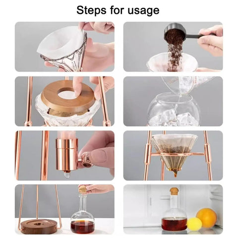 Steps for using No Fuss Glass Cold Brew Coffee Tower With Rugged Stainless Steel Stand And Adjustable Flow Valve Portable Drip Brewer.