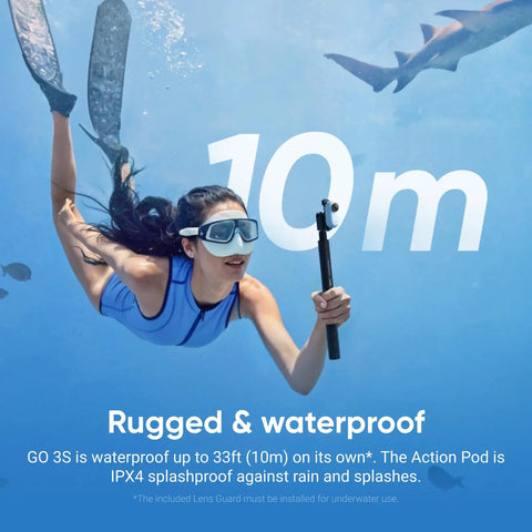 Woman underwater holding Tiny 4K Vlogging Cam With 128 GB White, Hands Free POV, demonstrating 10m waterproof feature.