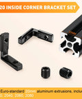 2020 aluminum extrusion inside corner brackets for 20mm frames, black zinc alloy connectors for DIY assembly.