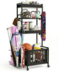 Rolling 4-Tier Sports Gear Organizer Carts With Wheels For Garage And Outdoor Use, Ball Storage Rack With Wire Basket And Fabric Bins