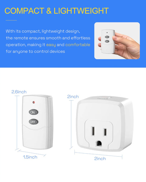 Wireless Remote Outlet Plug With 100Ft RF Range, Energy Saving Light Switch For Household Appliances, 15A 1875W, Easy On Off Control From Anywhere, 1 Outlet Plus Remote shown with dimensions of 2.6in x 1.5in remote and 2in x 2in outlet.
