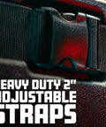Close-up of heavy duty 2" adjustable straps on Hella Rugged Roto Molded Drum Hardware Case With Retractable Pull Handle And Inline Wheels Lightweight Stackable Road Ready Gig Armor For Touring Professionals Nationwide.