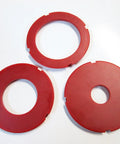 Precision Router Table Insert Ring Set Featuring Workhorse Grade 97 Millimeter Diameter Heavy Duty Aluminum Replacement Plate Quick Snap Install For Weekend Warrior Woodworking Builds - three red router insert rings.