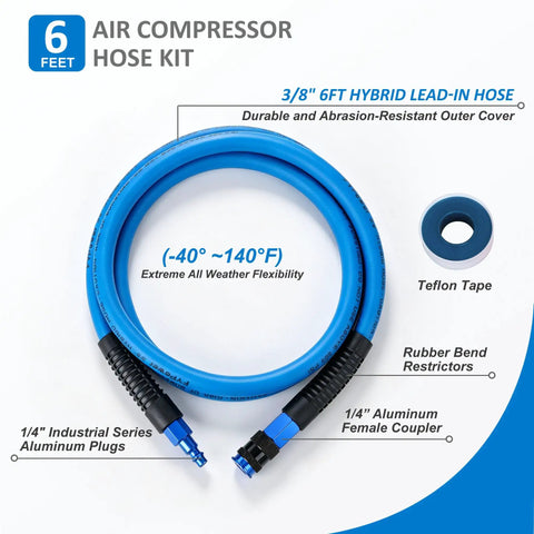 Heavy Duty Hybrid Air Compressor Hose Delivers Sweet Smooth Airflow And Rock Solid 300 Psi Pressure In A Hella Durable Kink Resistant Design at 6 feet.