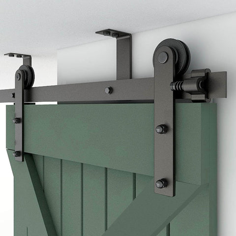 Close-up of 9 Ft Ceiling Mount Sliding Barn Door Hardware Kit For 54 Inch Wide Single Wood Door Built Tough Steel Smooth And Quiet Operation