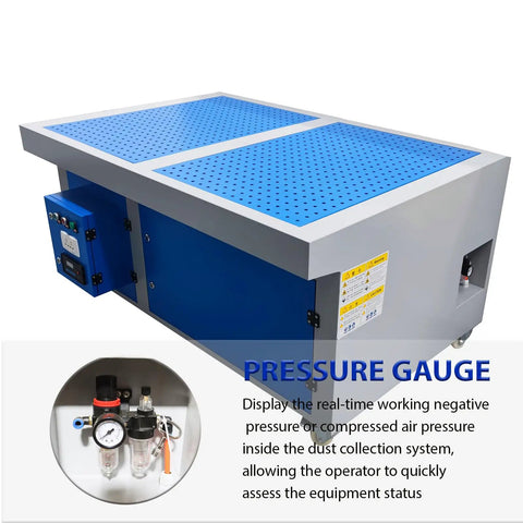 Rugged Metalworking Down Draft Table Dust Collector Vacuum featuring heavy duty multi stage filtering and killer suction with pressure gauge.