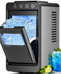 Portable Ice Maker With Self Cleaning Function 8 Cubes In 6 Minutes 26 Lbs Per Day Countertop Ice Machine For Home Kitchen RV Travel On The Go Matte Black with ice cubes and drink.