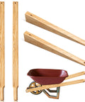 59 Inch Wood Wheelbarrow Handles Kit With Two Wedges showing handles and wedges beside assembled wheelbarrow