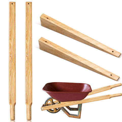 59 Inch Wood Wheelbarrow Handles Kit With Two Wedges showing handles and wedges beside assembled wheelbarrow