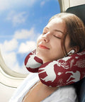Cozy Christmas Deer Travel Neck Pillow With Memory Foam U Shape Support, woman napping on airplane with festive design