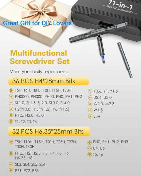 71-In-1 Magnetic Screwdriver Set with Ratcheting and Precision Bits displayed with gift box and bit details.