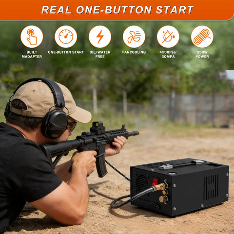 Heavy Duty Portable 4500PSI PCP Air Compressor With Oil-Free Pump Dual 12V DC And 110V 220V AC Power Built-In Cooling Fan Perfect For Filling Airguns Paintball Rifles And Pellet Guns Fast Reliable Performance