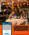 Couple monitoring grill with WiFi Meat Thermometer With 4 Probes, app showing temperature alerts for remote monitoring.