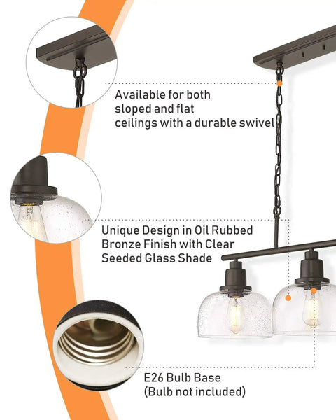 Three Light Farmhouse Kitchen Island Pendant Chandelier, 35.4 in Long, with highlighted swivel chain and seeded glass.
