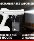 Smooth Operator Handheld Electric Steam Gun Rechargeable Fogger And Vaporizer With Large Bottle showing white misting device with water container.