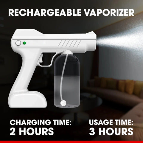 Smooth Operator Handheld Electric Steam Gun Rechargeable Fogger And Vaporizer With Large Bottle showing white misting device with water container.