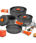 All-In-One Camping Cookware Set With Stove And Adapter, 10-Piece Backpacking Mess Kit with nonstick pots, pan, and foldable stove