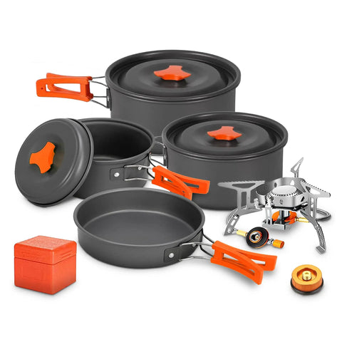 All-In-One Camping Cookware Set With Stove And Adapter, 10-Piece Backpacking Mess Kit with nonstick pots, pan, and foldable stove
