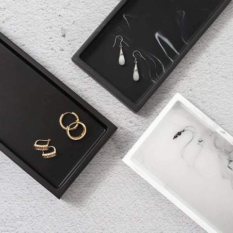Keep Your Counter Slick Using This Solid Resin Vanity Tray Mini Ink Black Soap Dispenser Stand And Jewelry Catchall For Kitchen Organization Durable Build That Gonna Serve You Right, with black resin trays holding earrings.