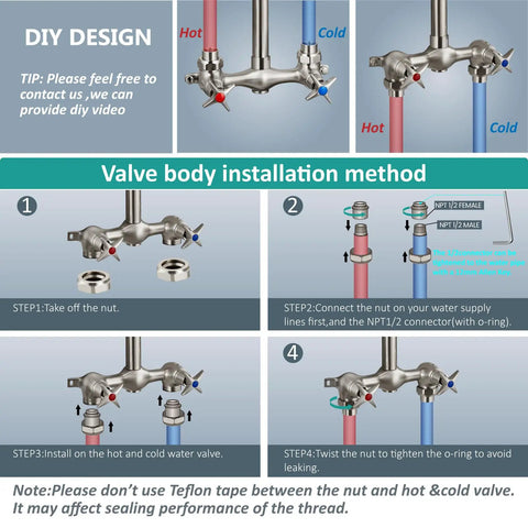 Wall Mount Outdoor Shower Kit With Handheld Sprayer installation guide showing dual handle brass stainless fixtures setup.