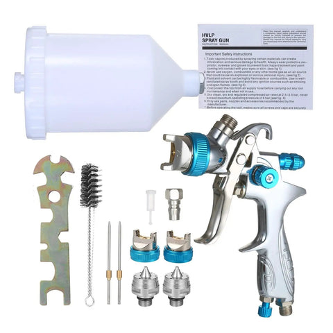 Built Different Heavy Duty Hvlp Paint Sprayer Gun With Swappable Nozzles And 600 Ml Cup components including nozzle, cup, cleaning tool and instructions.