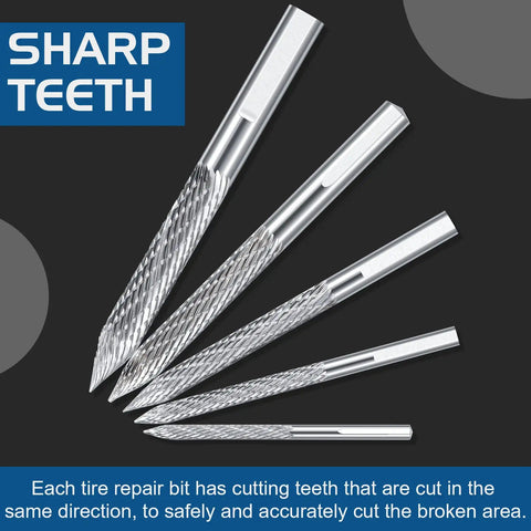 Go-To Durable Multi Size Tire Reamer Drill Bit Set 3Mm 4.5Mm 6Mm 8Mm 10Mm Carbide Burr Patch Cutters for Tire Repair Tools with sharp teeth