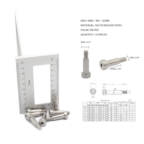 15 Piece Hex Socket Shoulder Bolts 8mm Shoulder Diameter M6 Thread 20mm Shoulder Length 304 Stainless Steel with measurement tool