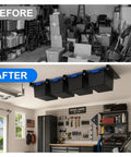 Overhead Garage Storage Rack With 17 Inch Black Rails Heavy Duty Ceiling Mount Bin Holder For 7 To 27 Gallon Tote Bins Up To 350 Lbs Per Set 4 Pack showing installed in organized garage.