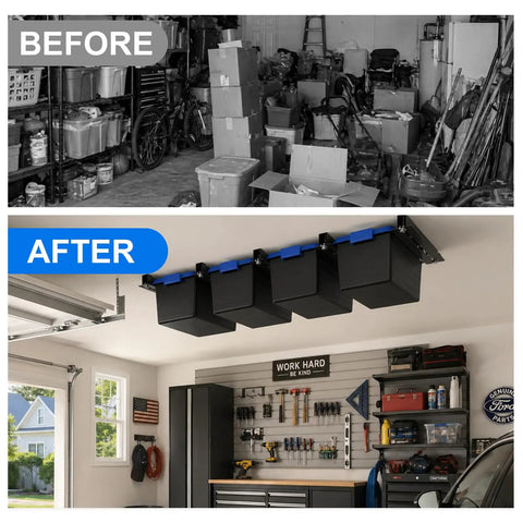 Overhead Garage Storage Rack With 17 Inch Black Rails Heavy Duty Ceiling Mount Bin Holder For 7 To 27 Gallon Tote Bins Up To 350 Lbs Per Set 4 Pack showing installed in organized garage.