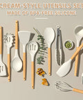 33 Piece Nonstick Silicone Kitchen Utensils Set With Holder Cream White Wooden Handles BPA Free Food Grade Heat Resistant Cooking Tools