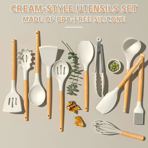 33 Piece Nonstick Silicone Kitchen Utensils Set With Holder Cream White Wooden Handles BPA Free Food Grade Heat Resistant Cooking Tools