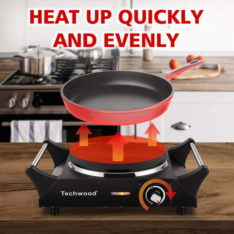 Portable 1500W Electric Hot Plate Stove With Adjustable Temperature Stay Cool Handles Compact 7.3 Inch Cooktop in use