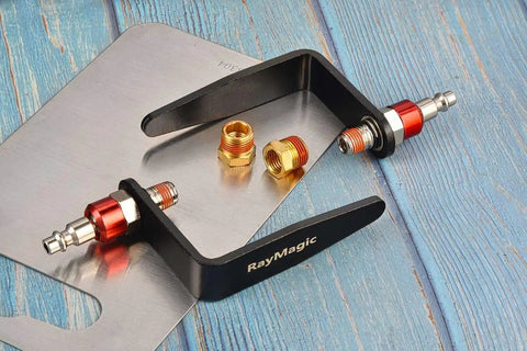 Steel Pneumatic Rafter Hook Hanger With One Quarter Inch Air Tool Swivel Fitting on wood surface