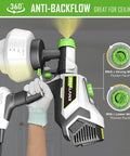 Hand holding Powerful 700W HVLP Paint Sprayer with 1200ml tank spraying on ceiling, anti-backflow feature shown