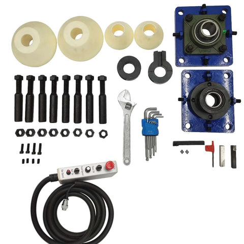Yokoma 110V portable line boring machine kit with blue mounting bases, drill bar and control handle, assorted parts.