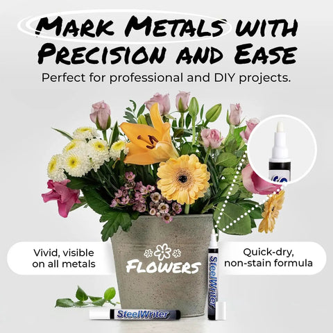 Industrial Metal Marking Paint Pen For Steel And Other Metals next to flower pot with writing showing versatility
