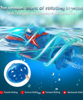 Two Pack Mini RC Boats With Floating Ball, 2.4GHz Remote Control performing stunts in water, displaying unique rotating features