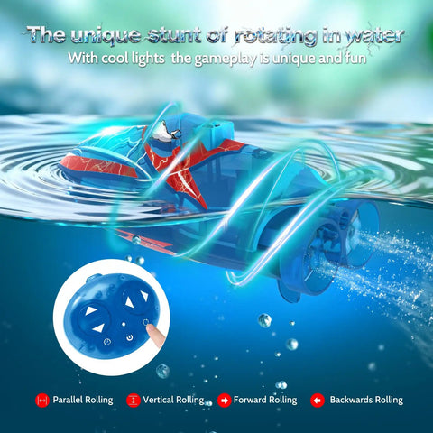 Two Pack Mini RC Boats With Floating Ball, 2.4GHz Remote Control performing stunts in water, displaying unique rotating features