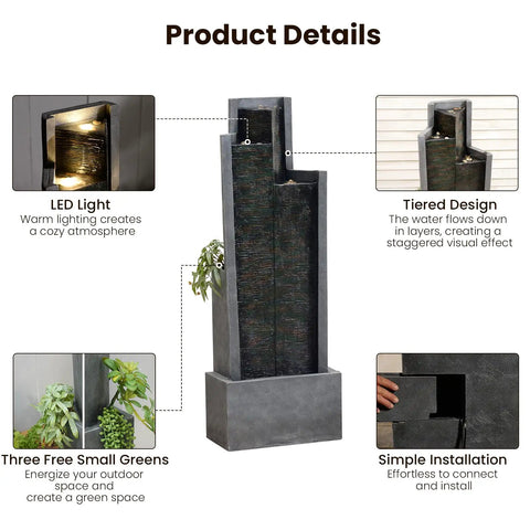 Modern Outdoor Water Fountain With LED Lights, 49.6 Inch Cascading Waterfall For Indoor Or Outdoor Use, Chill Garden Vibes