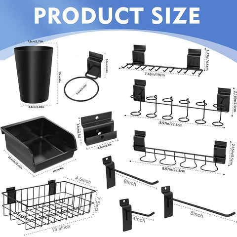 Slatwall Organizer Kit 28 Piece Set With Hooks In 4 6 And 8 Inch Sizes Bins Baskets Cups And Screwdriver Holders Display