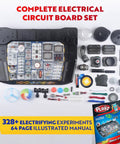 Advanced Electrical Circuit Board Kit For Kids With 328 STEM Projects, showing board components and manual for ages 8 to 13.