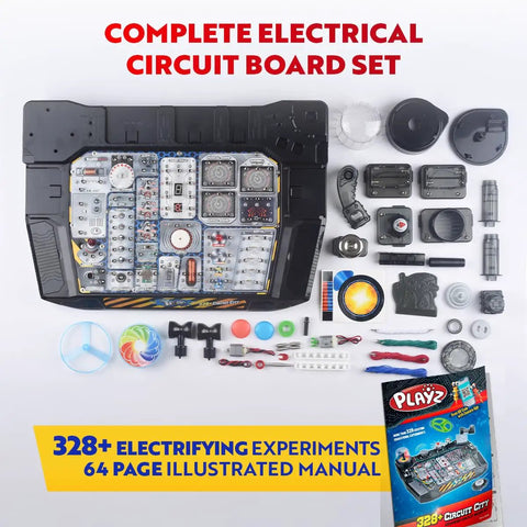 Advanced Electrical Circuit Board Kit For Kids With 328 STEM Projects, showing board components and manual for ages 8 to 13.