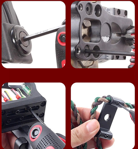 Your Go To Folding Hex Key Set 25 Piece Wrench Kit in use on various tools and bike components, close-up view.